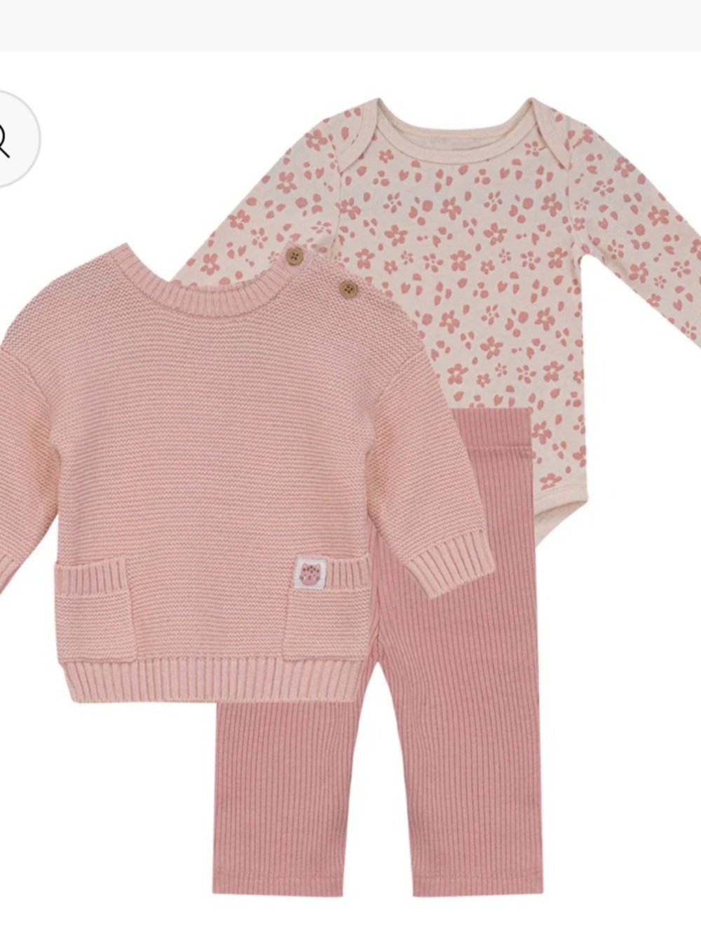3-Piece Pink Baby Matching Set - Knit Sweater, Ribbed Pants & Floral Bodysuit